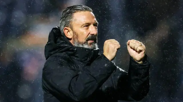 Hearts Head Coach Derek McInnes celebrates at Full Time during a William Hill Premiership match between Falkirk and Heart of Midlothian at the Falkirk Stadium,