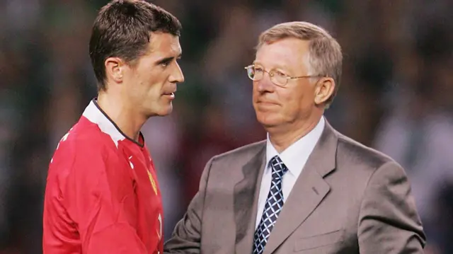 Roy Keane and Sir Alex Ferguson speak after Keane's testimonial match