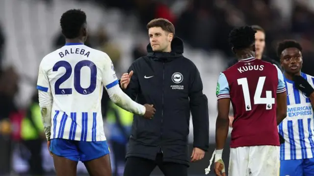 Fabian Hurzeler embraces Brighton's Carlos Baleba after their 1-1 draw with West Ham at the London Stadium