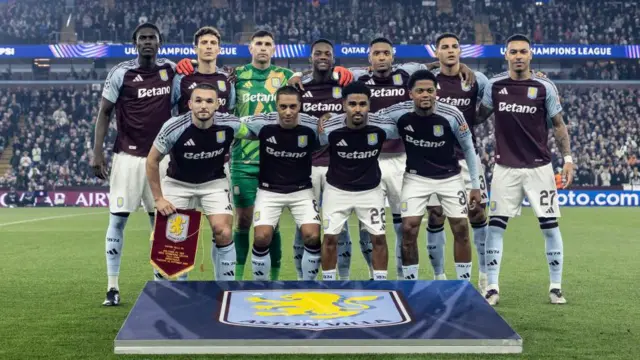 Aston Villa players line up before the Champions League match against Bologna