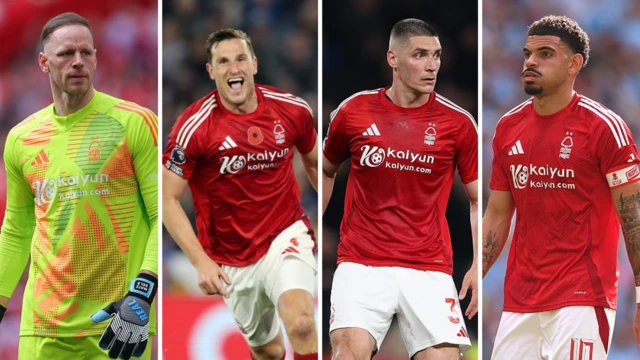 Matz Sels, Chris Wood, Nikola Milenkovic and Morgan Gibbs-White