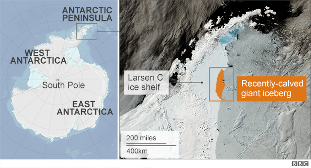 Map showing Antarctica and recently-calved giant iceberg