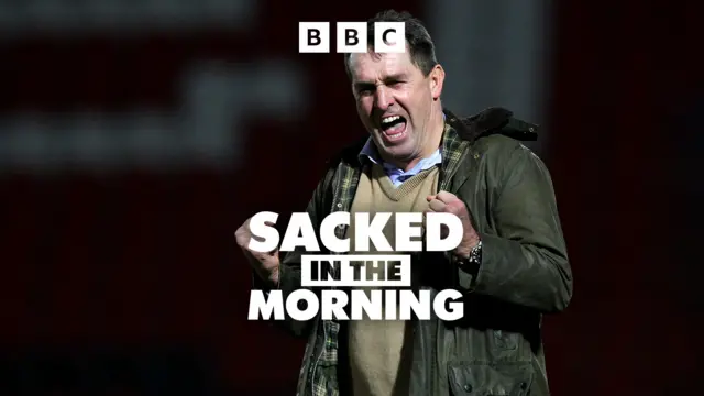 Sacked in the Morning podcast graphic featuring Martin Allen celebrating