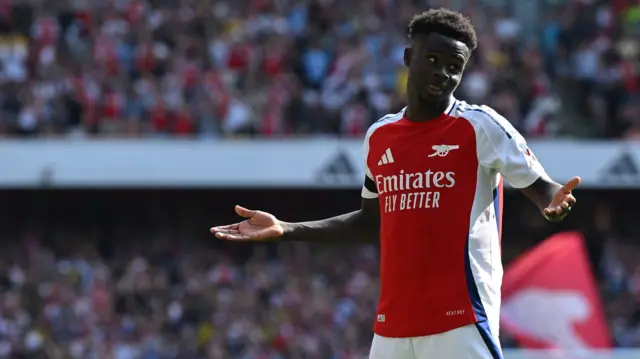 Bukayo Saka celebrates a goal for Arsenal