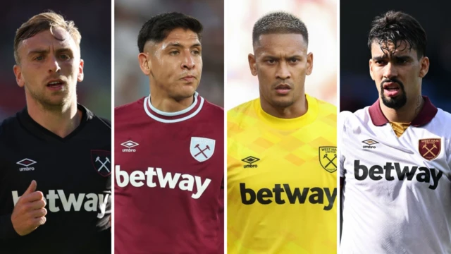 Jarrod Bowen, Edson Alvarez, Alphonse Areola and Lucas Paqueta playing for West Ham