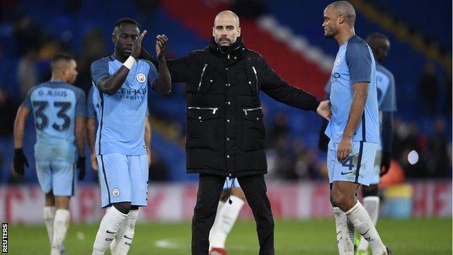 Pep Guardiola joined his Manchester City players on the pitch after the final whistle