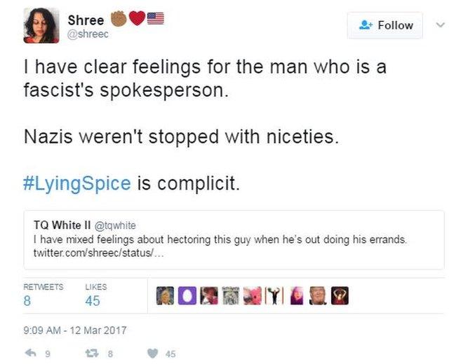 A tweet from Shree Chauhan calling Sean Spicer "a fascist's spokesperson".