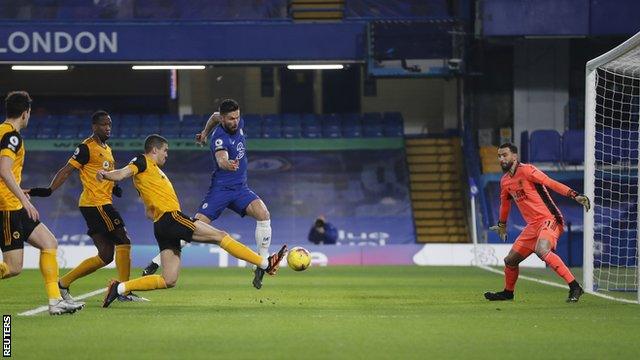 Olivier Giroud goes close to scoring for Chelsea against Wolverhampton Wanderers in the Premier League