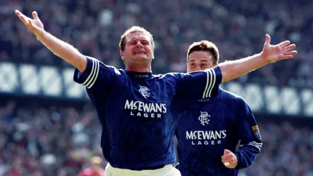 Paul Gascoigne celebrates after giving Rangers a 2-1 lead to put the home side on course to claim 8-in-a-row.