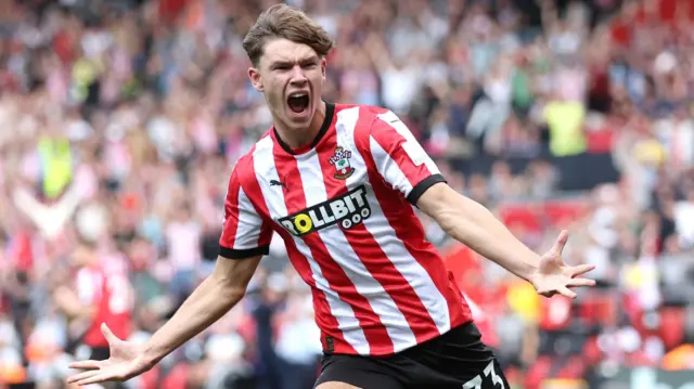 Tyler Dibling of Southampton celebrates scoring his team's first goal during the Premier League match between Southampton FC and Ipswich Town FC at St Mary's Stadium 