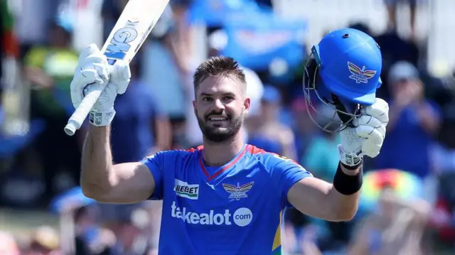 Aiden Markram of Durban's Super Giants celebrates his century against Paarl Royals in the SA20