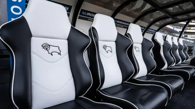 Image of Derby County's empty dugout at Pride Park