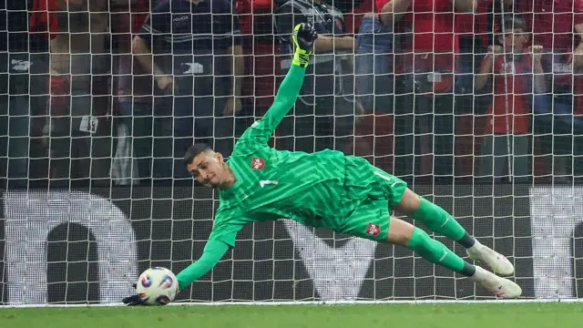 Djordje Petrovic saves a penalty for Serbia