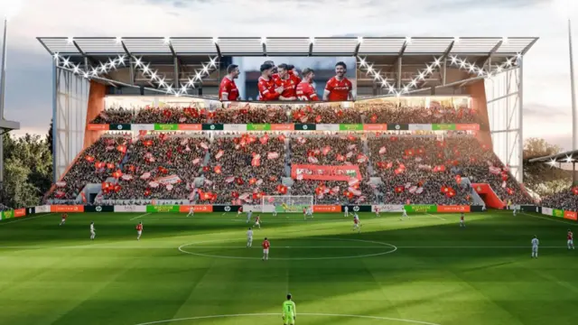 A computer generated image of Wrexham's proposed new Kop Stand at the Stok Cae Ras