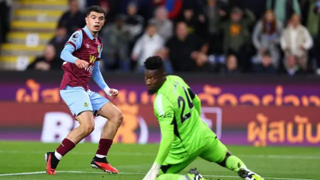 Zeki Amdouni of Burnley hits the post during the Premier League match between Burnley FC and Manchester United at Turf Moor