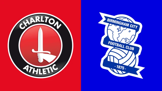 The Charlton Athletic and Birmingham City club badges side by side. The Charlton one shows a hand holding as sword upright set on a red background with a black circle around it. The Birmingham one shows the earth on top of a football set on a blue background