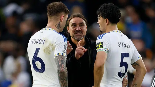 Joe Rodon, Daniel Farke Manager of Leeds United and Pascal Struijk on the pitch during the Premier League match between Leeds United and Newcastle United at Elland Road