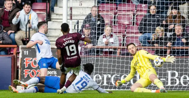 Hearts' Elton Kabangu is denied by Rangers' Jack Butland