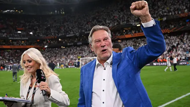 Glenn Hoddle punches the air when Spurs win the Europa League
