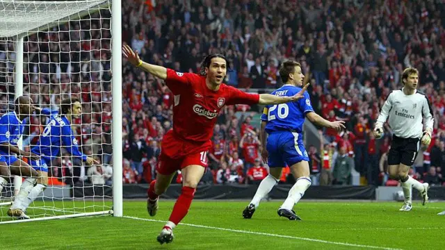 Luis Garcia celebrates a goal against Chelsea for Liverpool at Anfield in 2005