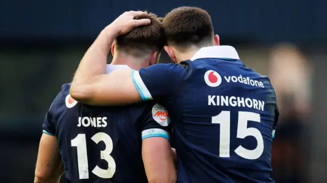 Huw Jones and Blair Kinghorn celebrate Scotland's fifth try against Italy in the Six Nations