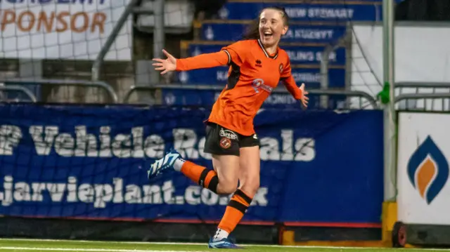 Brodie Greenwood celebrates scoring the winning goal for Dundee United