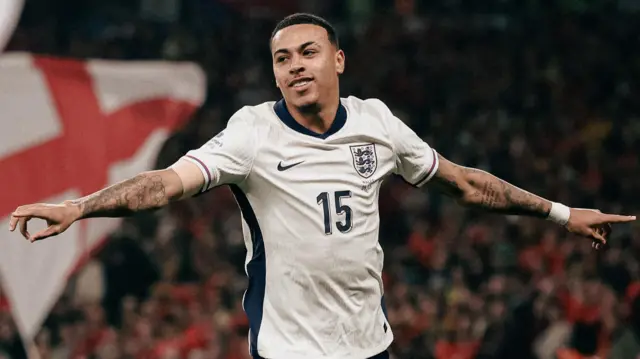 Morgan Rogers celebrates goal for England against Wales with England flag in background