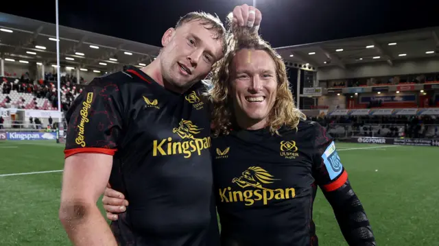 Kieran Treadwell and Werner Kok celebrate after the match in Belfast