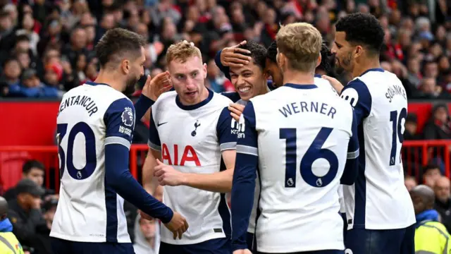 Dejan Kulusevski celebrates scoring Tottenham's second goal versus Manchester United