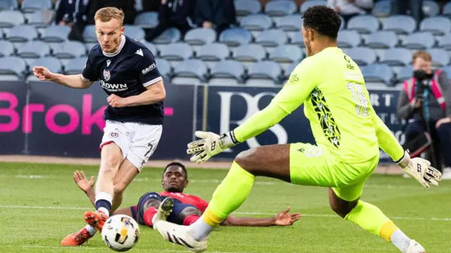 Scott Tiffoney scores for Dundee against Ross County