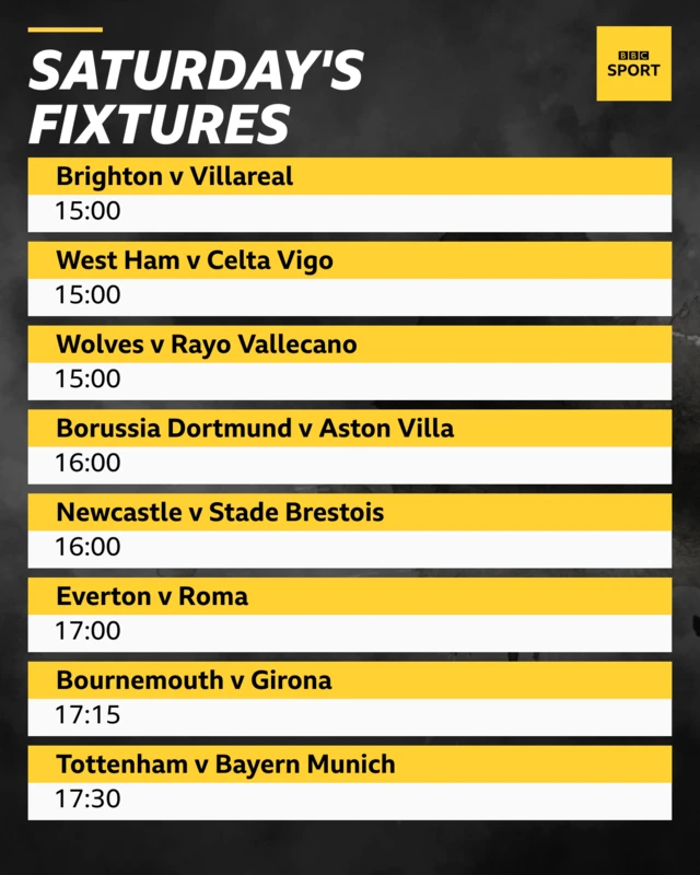 Saturday's fixtures: 15:00 Brighton v Villareal, West Ham v Celta Vigo, Wolves v Rayo Vallecano; 16:00 Borussia Dortmund v Aston Villa, Newcastle v Stade Brestois; 17:00 Everton v Roma; 17:15 Bournemouth v Girona; 17:30 Tottenham v Bayern Munich