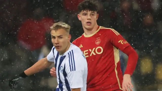 HJK's Topi Keskinen and Aberdeen's Jack Milne in action during a UEFA Conference League group stage match between HJK Helsinki and Aberdeen