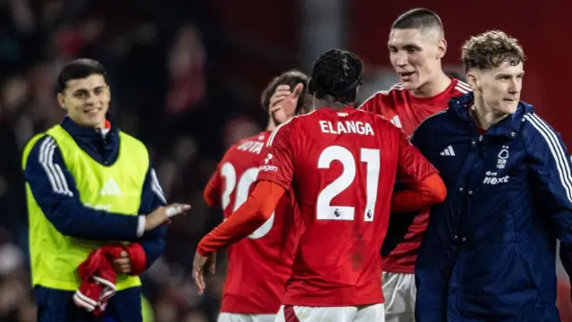 Nottingham Forest's goal scorers Nikola Milenkovic (2nd right) and Anthony Elanga celebrate victory