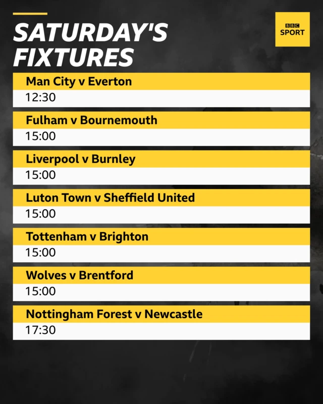 Saturday's fixtures - Man City v Everton at 12:30, Fulham v Bournemouth, Liverpool v Burnley, Luton v Sheffield United, Tottenham v Brighton, Wolves v Brentford at 15:00 and Nottingham Forest v Newcastle at 17:30 