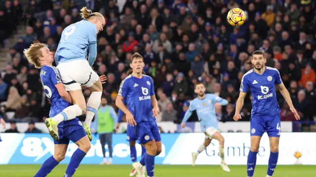 Erling Haaland scores Manchester City's second goal at Leicester.