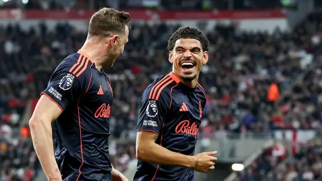 Nottingham Forest's Chris Wood celebrates scoring his side's second goal with Morgan Gibbs-White