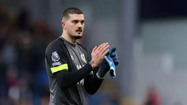 Arijanet Muric of Burnley celebrates following the team's victory in the Premier League match between Burnley FC and Brentford FC at Turf Moor