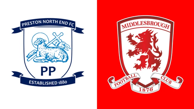 the left side has a white background with the preston north end badge on it. the right side has a red background with the middlesbrough badge on it
