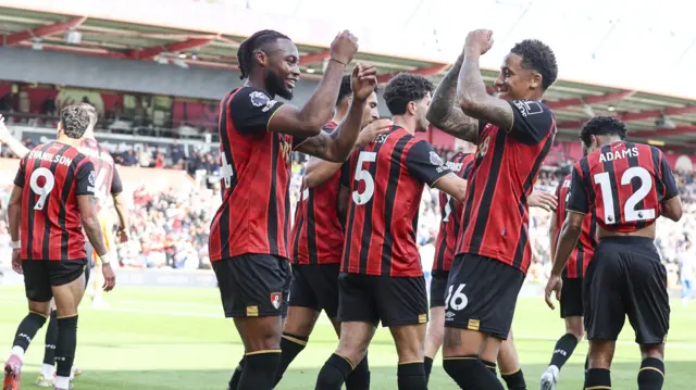 Antoine Semenyo celebrates with his teammates after scoring against Brighton