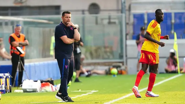 Crystal Palace boss Pierre Sage looks on