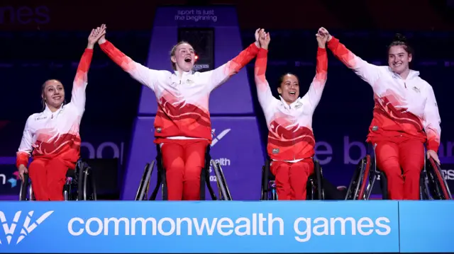 England wheelchair women's 3x3 basketball team celebrate winning gold