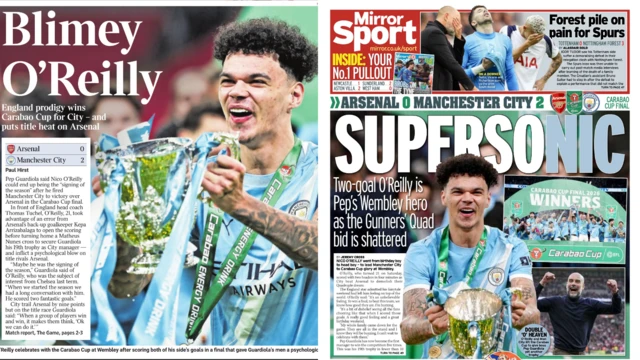 Back pages of the Times and the Mirror showing Manchester City celebrating their Carabao Cup final win