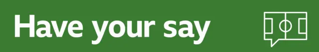 The words 'Have your say' written in white on the left of a green background and a speech bubble stylised as a football pitch on the right