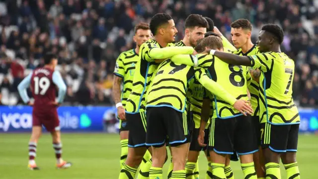 Arsenal celebrating a goal against West Ham