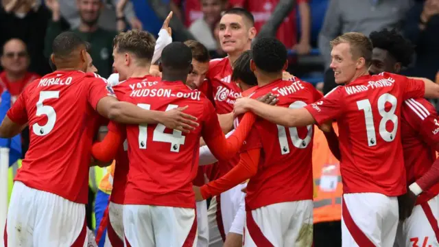 Nottingham Forest's players celebrate Chris Wood's goal versus Chelsea