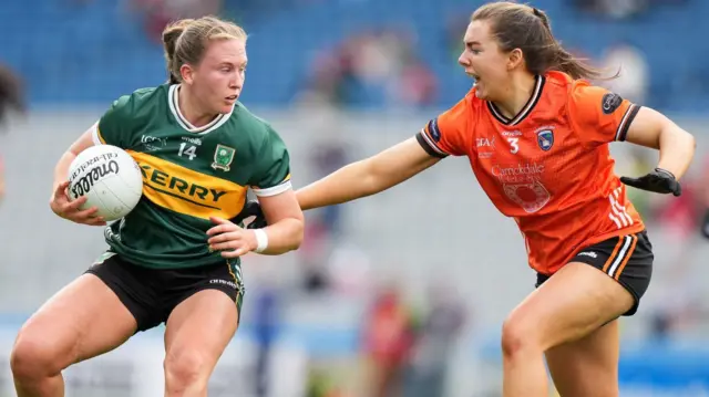 Kerry's Siofra O'Shea is challenged by Armagh's Clodagh McCambridge in the Division One Ladies Football League Final at Croke Park