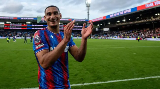 Maxence Lacroix of Crystal Palace celebrates after winning the Premier League match against Tottenham Hotspur FC at Selhurst Park