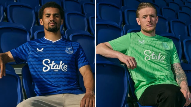 A split graphic of Iliman Ndiaye and Jordan Pickford modelling Everton's 2025-26 home kit