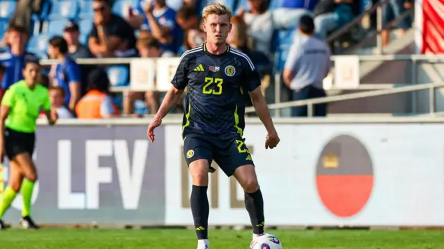 Scotland's Josh Doig in action during an International Friendly match between Liechtenstein and Scotland at Rheinpark Stadion, on June 08, 2025, in Vaduz, Liechtenstein