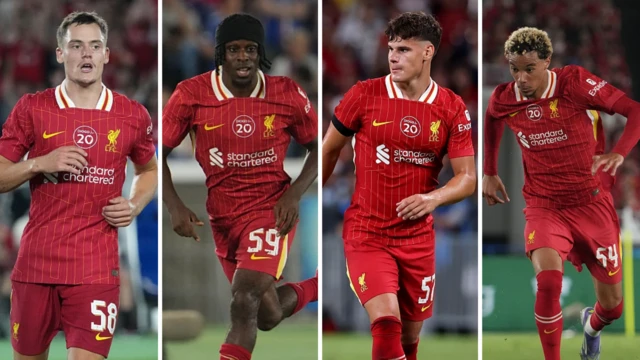 Split graphic of Florian Wirtz, Jeremie Frimpong, Milos Kerkez and Hugo Ekitike